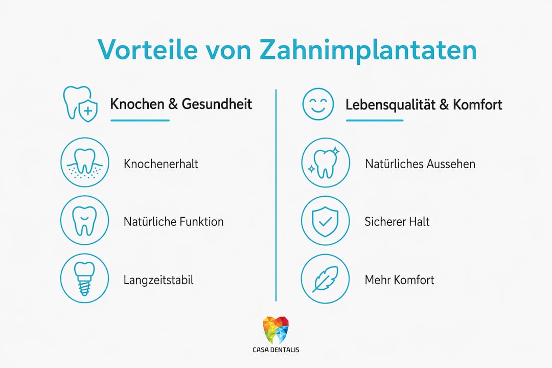 Grafik: Die wichtigsten Vorteile von Zahnimplantaten auf einen Blick