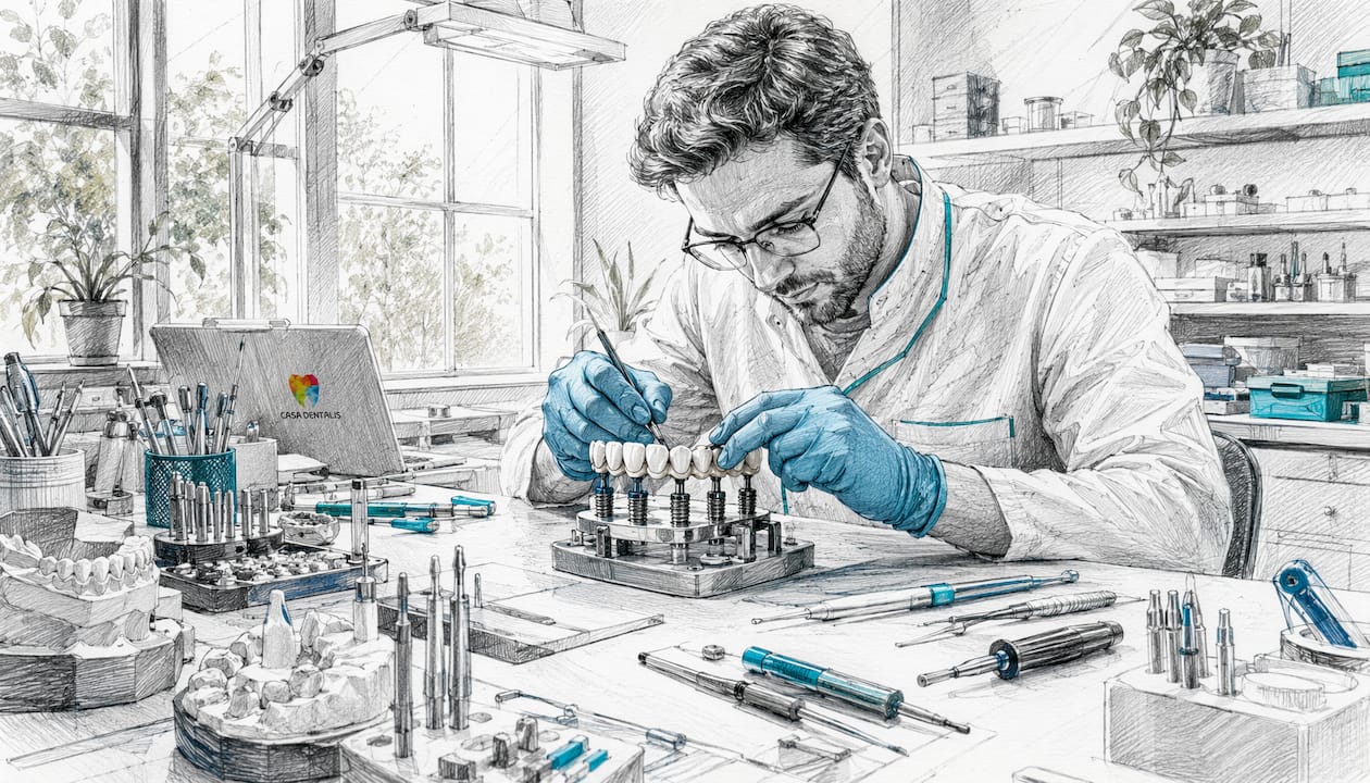 Im Dentallabor wird eine Implantatbrücke sorgfältig von Hand vorbereitet.