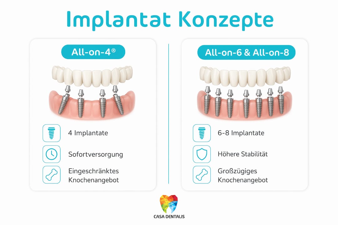 Eine Infografik veranschaulicht die Unterschiede zwischen All-on-4 und All-on-6 bzw. All-on-8 Implantatkonzepten.