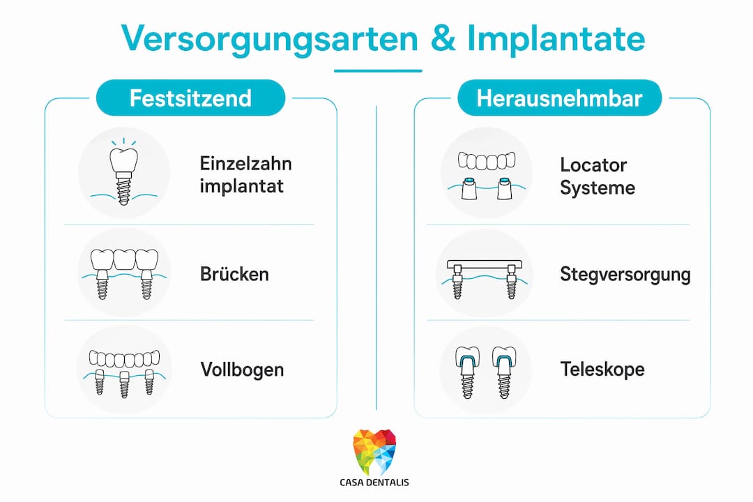 Grafik veranschaulicht den Unterschied zwischen festsitzenden und herausnehmbaren Zahnersatzlösungen mit Implantaten.