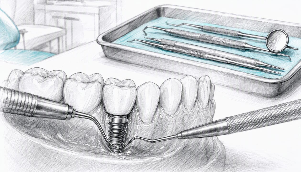 Detailaufnahme einer professionellen Zahnreinigung rund um ein Implantat