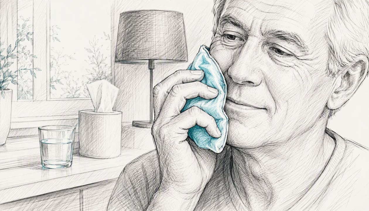 Nach einer Implantat-OP kühlt der Patient die betroffene Stelle mit einem kalten Umschlag, um Schwellungen und Schmerzen zu lindern.