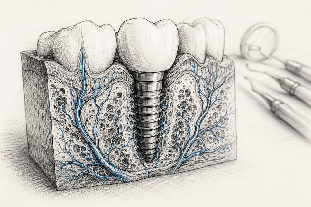 Detailansicht eines Kiefermodells, auf dem Blutgefäße sichtbar sind, die den Heilungsprozess nach dem Einsetzen eines Implantats veranschaulichen.
