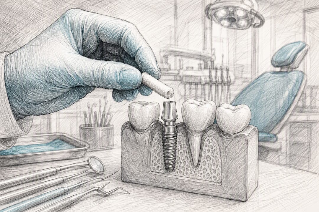 Hand des Zahnarztes reinigt Implantatmodell mit Kunststoffinstrument