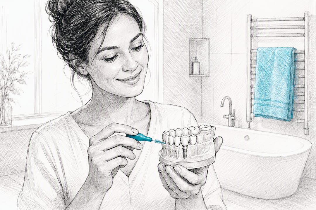 Hand hält Interdentalbürste nahe eines Zahnimplantatmodells