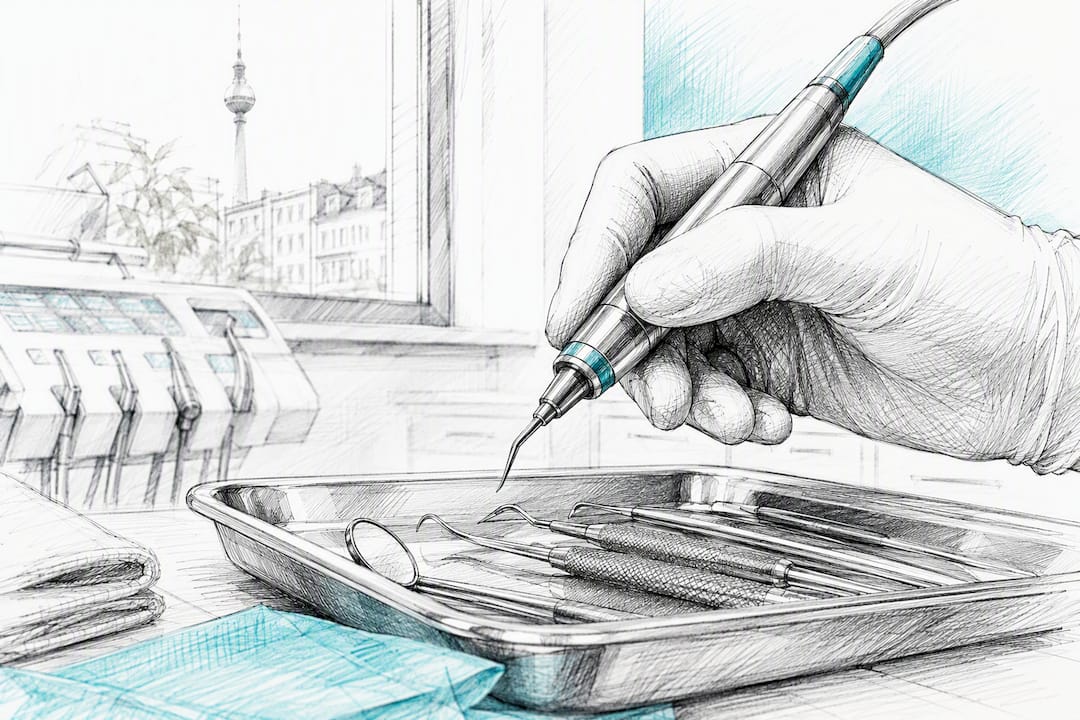 Nahaufnahme eines zahnmedizinischen Hygieneinstruments in der Klinik