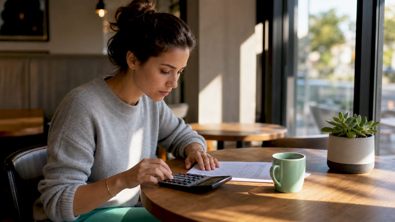 Hands operating calculator with loan amortization papers