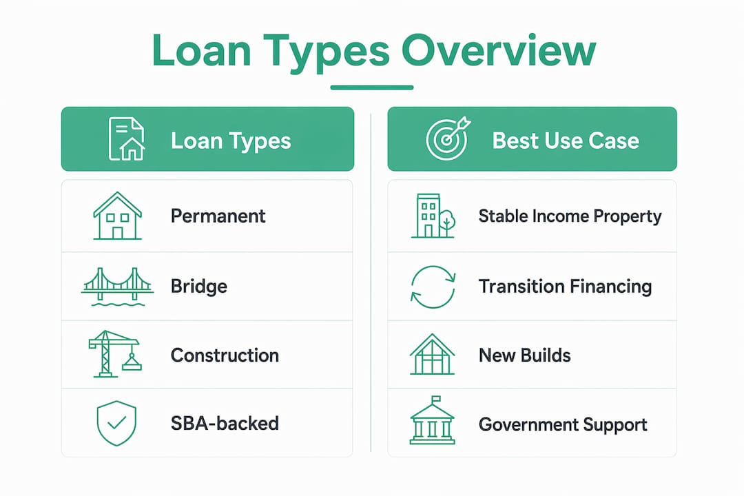 Infographic showing commercial loan types and uses