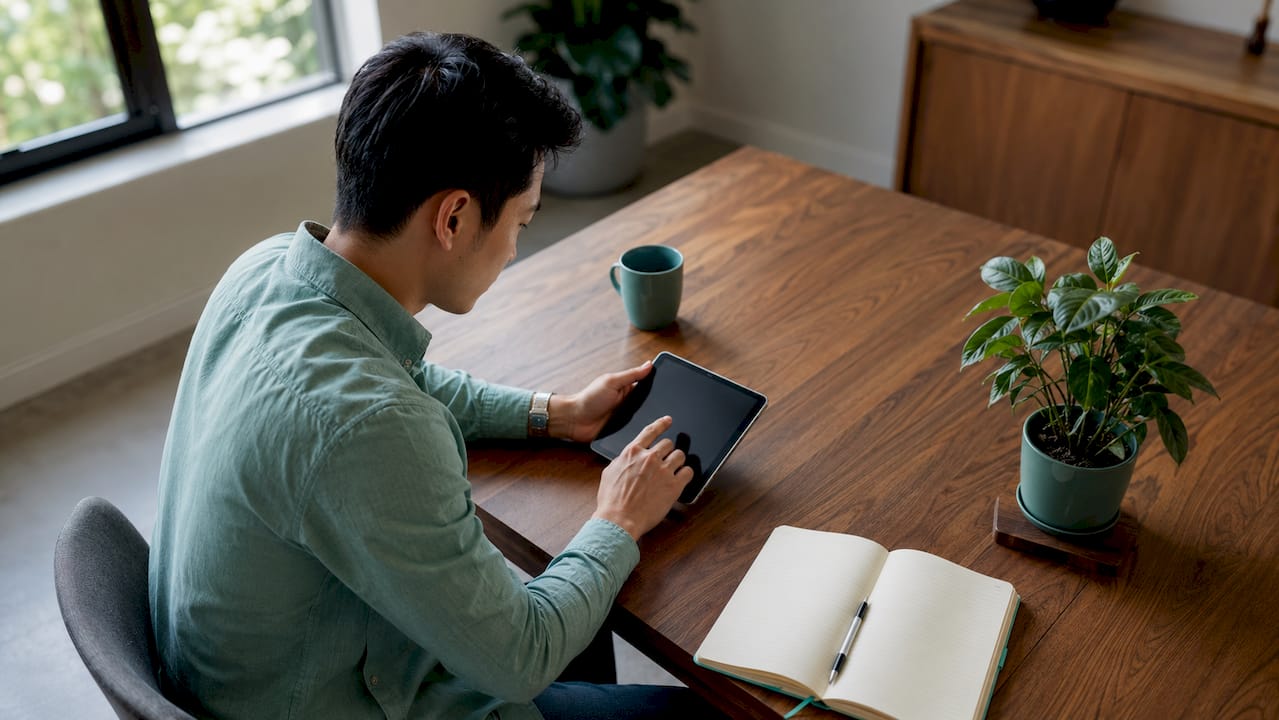Man using mortgage calculator tablet at home