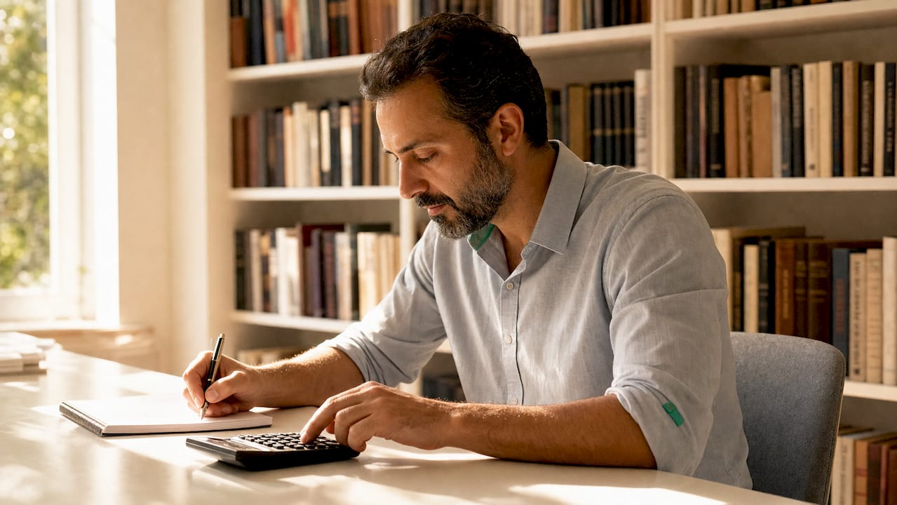 Man calculating borrowing power at desk