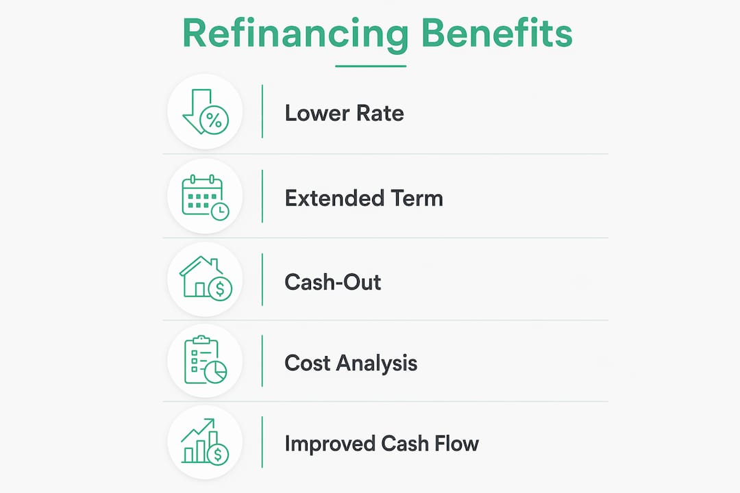 Infographic showing steps and benefits of refinancing