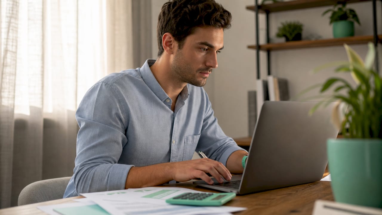 Man using smartphone and laptop to check credit score