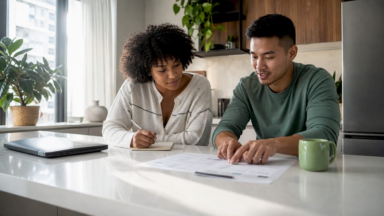 Couple reviewing mortgage refinancing options at home
