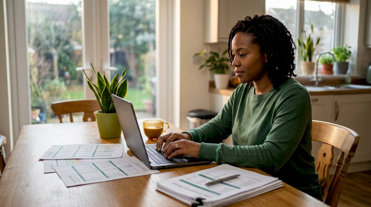 Hands typing loan analysis on laptop keyboard
