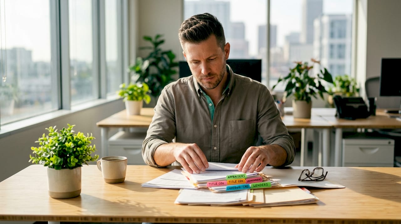 Hands organizing refinancing coordination folders