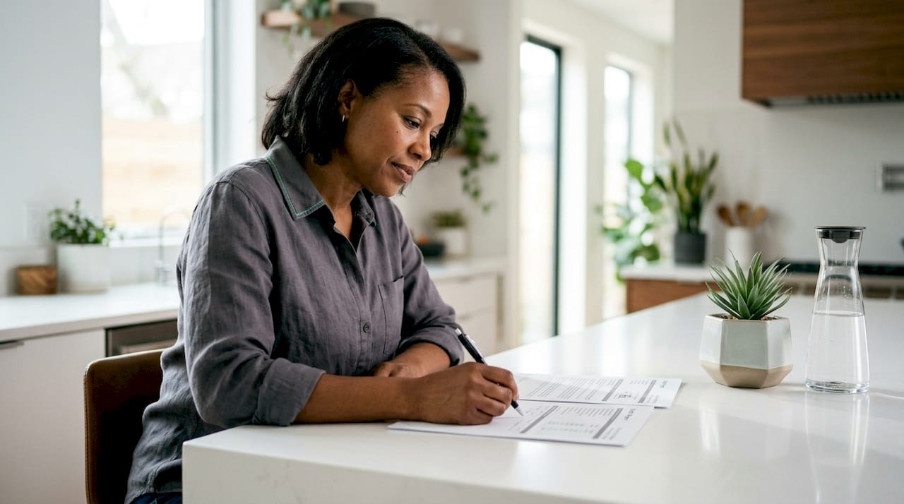 Woman reviewing credit report at home office desk
