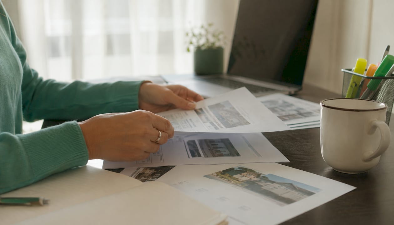 Hands marking investment mortgage documents on desk