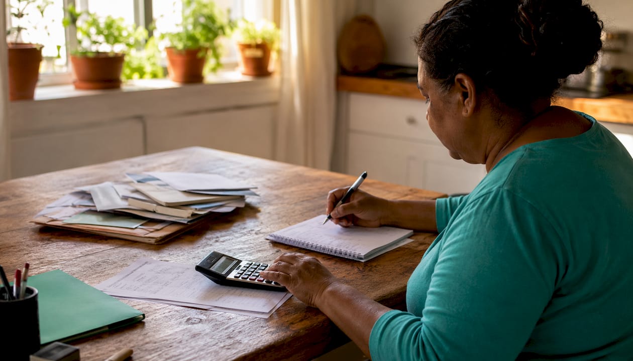 Hands calculating credit score details at home office