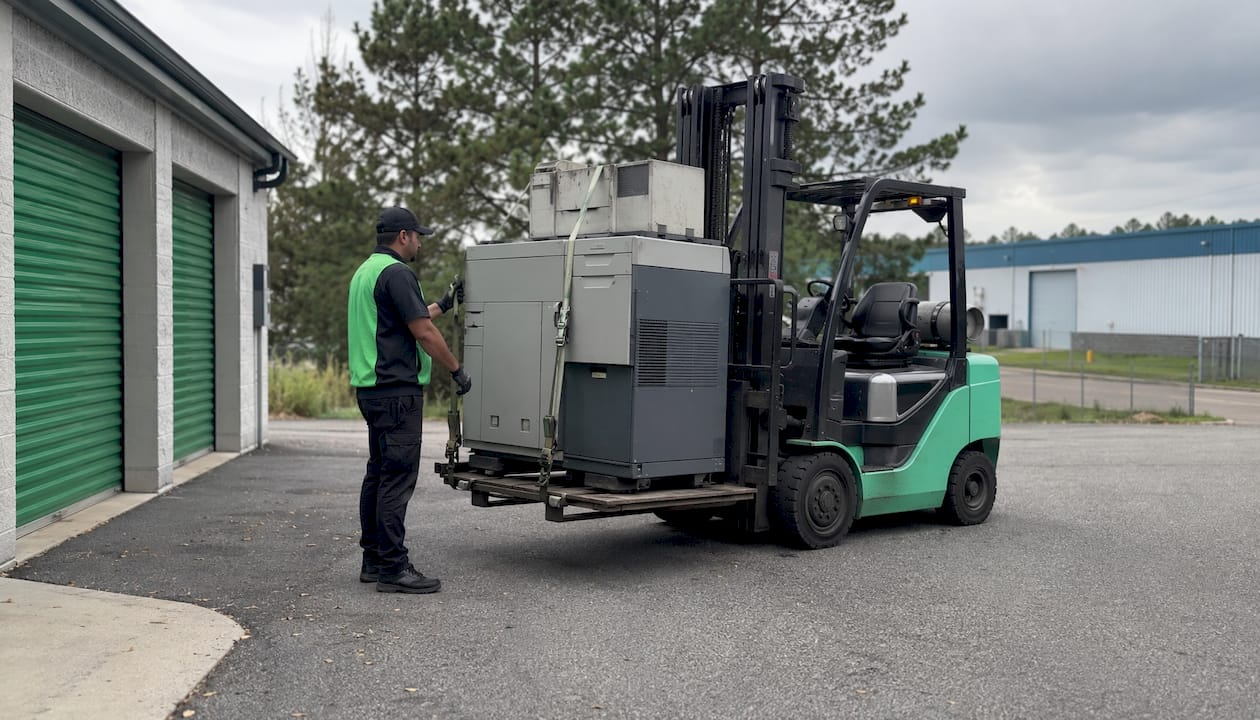 Hands handling secured business equipment
