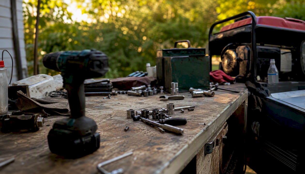 Assortment of tradie tools and equipment on bench