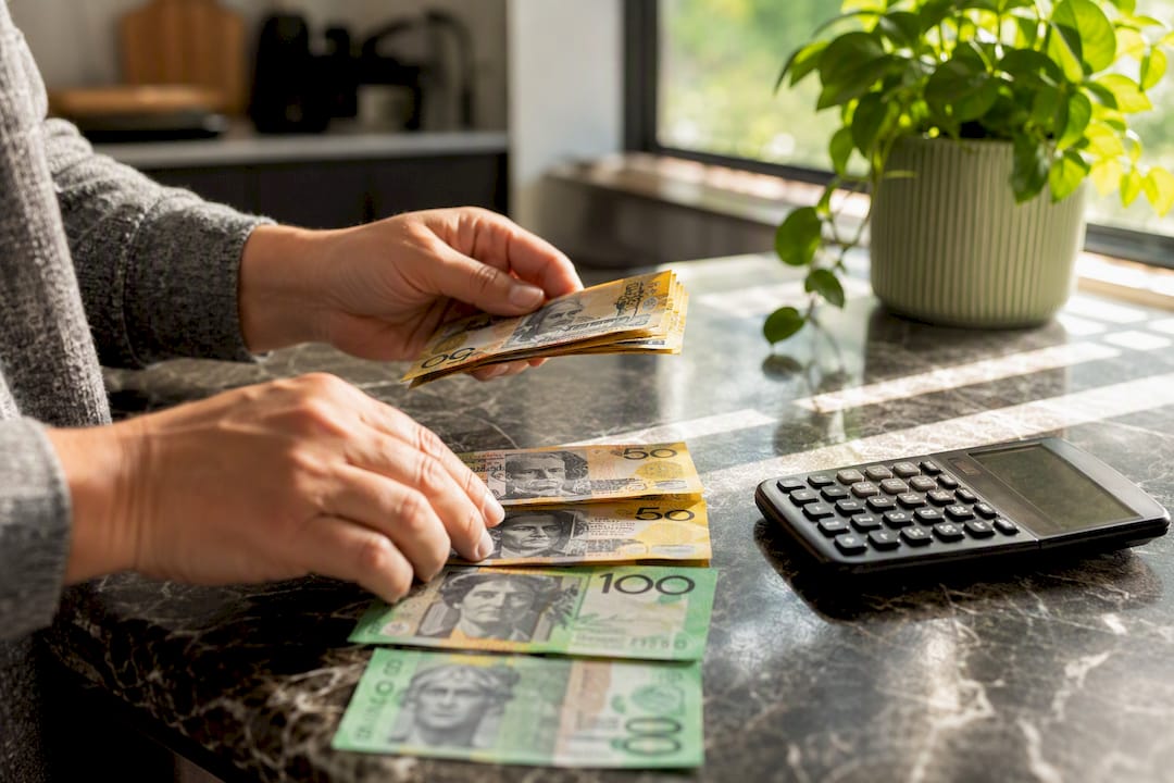 Hands stacking banknotes with calculator nearby