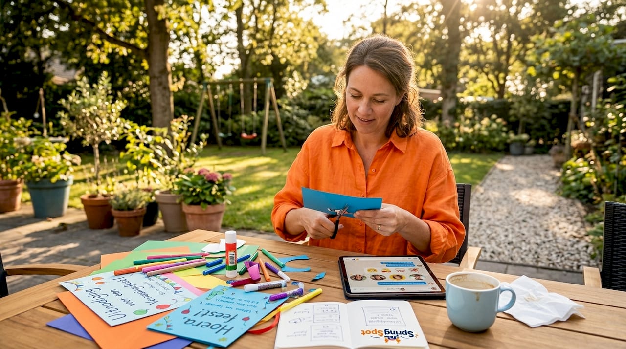 Mama is druk bezig met het maken van de uitnodigingen voor het feest.
