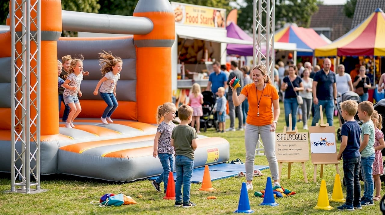 Kinderen springen vrolijk rond op het springkussen en wachten netjes tot ze aan de beurt zijn.