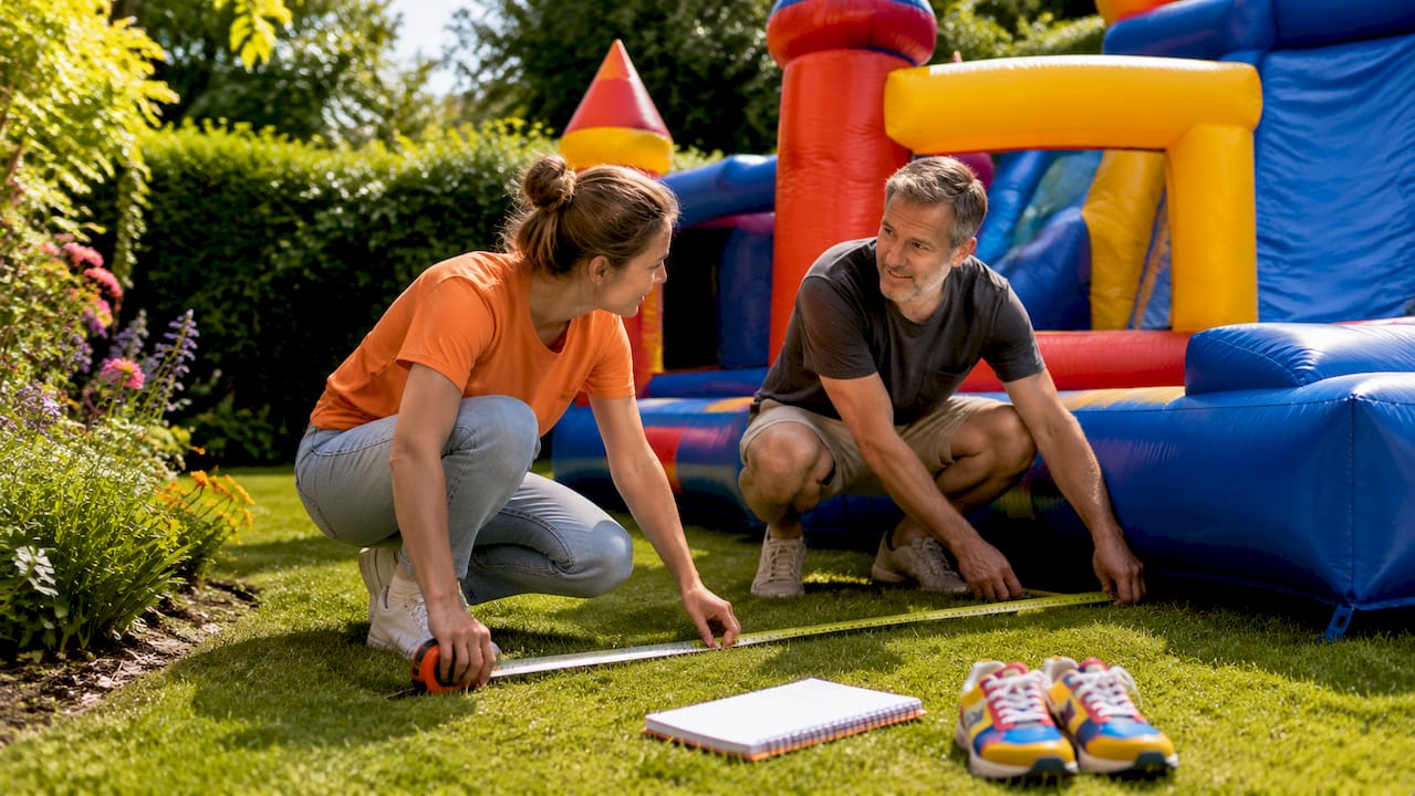 Buiten wordt met een meetlint de afmeting van een springkussen opgemeten.