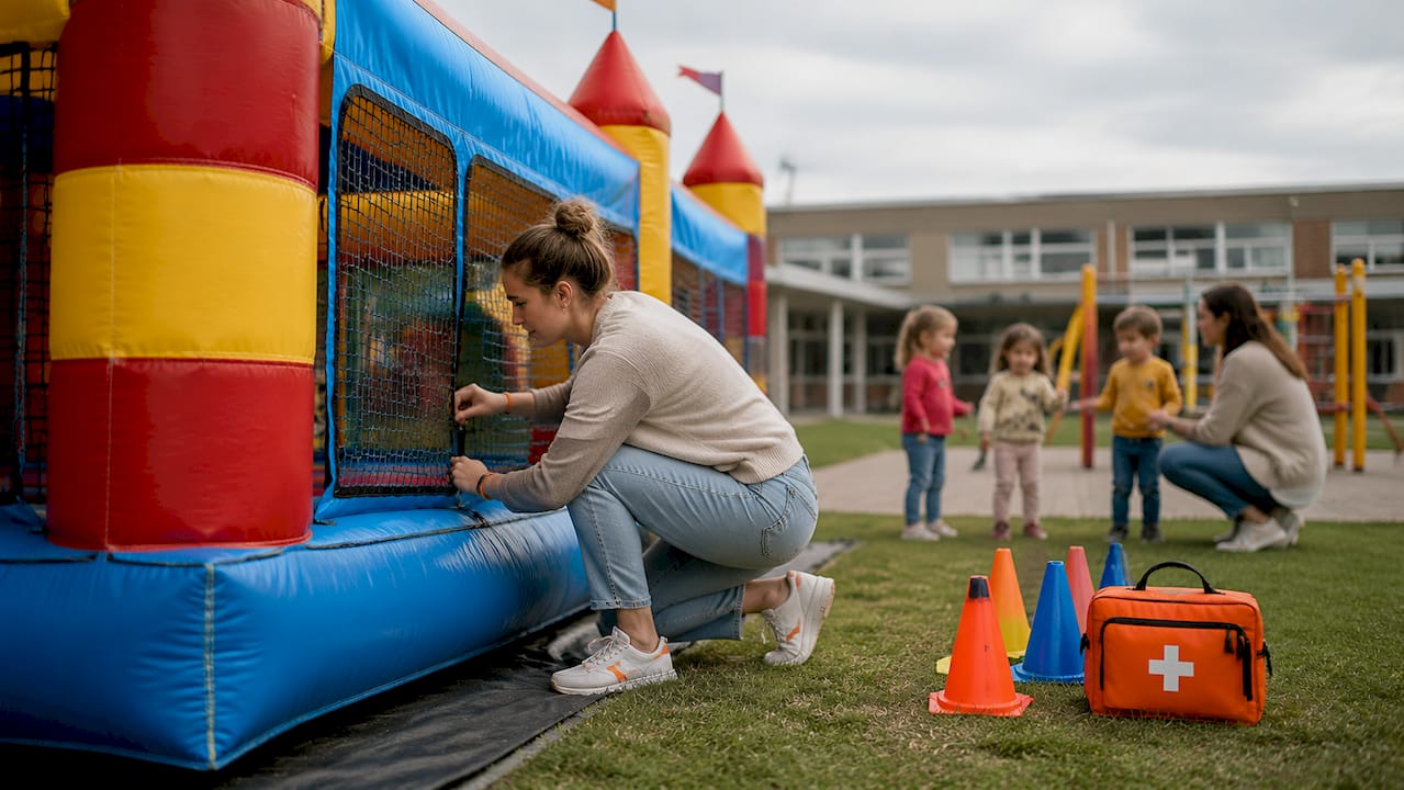 De leerkracht kijkt of het springkussen veilig is voordat de kinderen erop mogen.