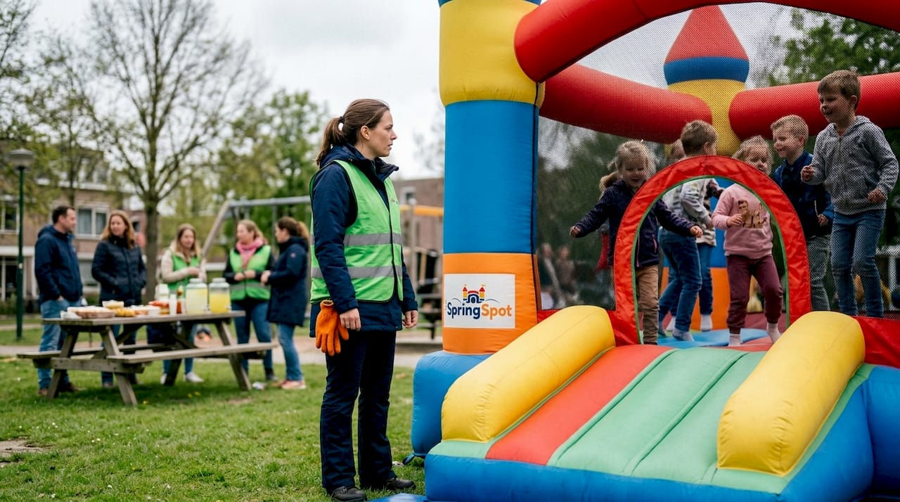 Een vrijwilliger houdt een oogje in het zeil bij het springkussen buiten.