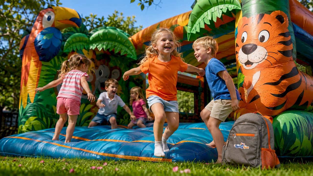 Buiten springen kinderen vrolijk rond op het junglekussen.
