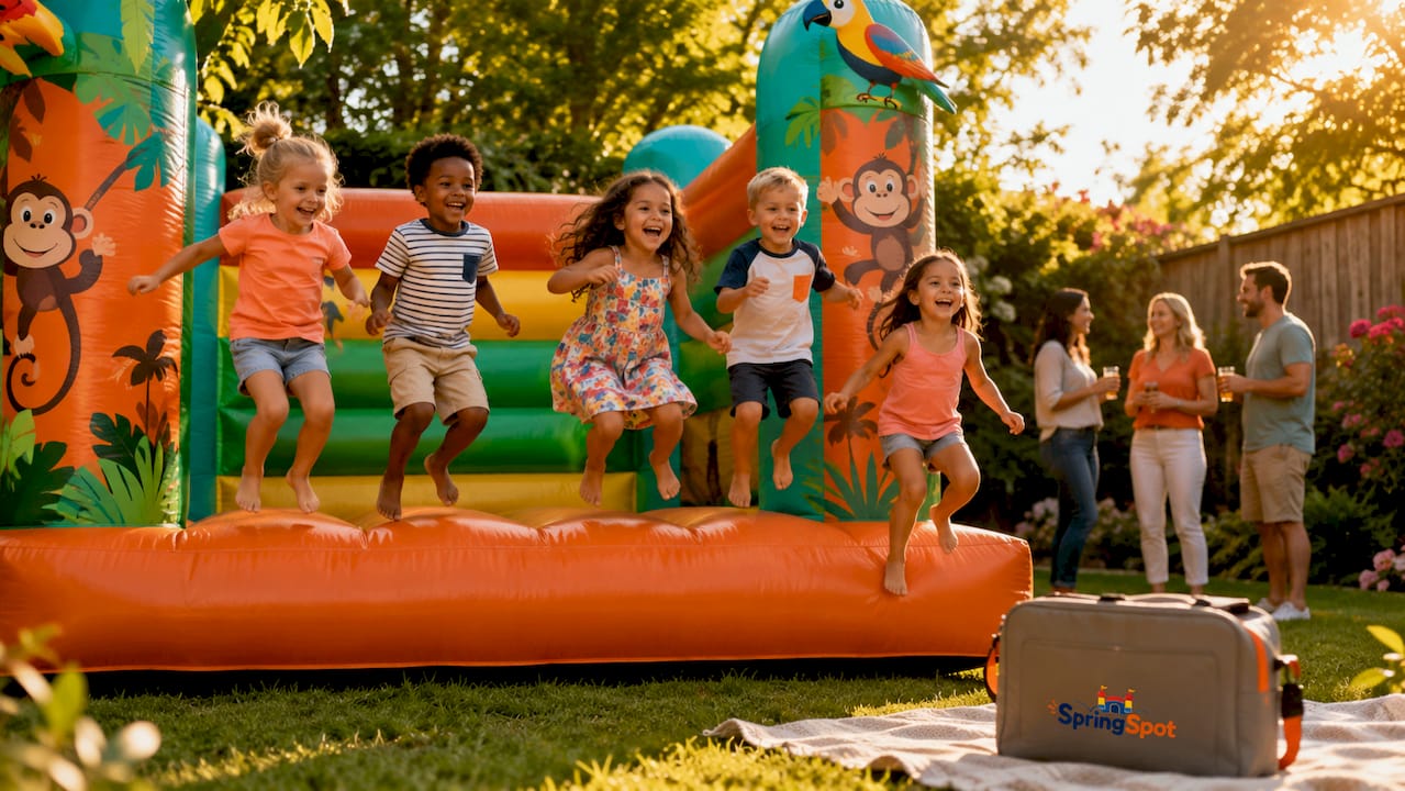 Kinderen hebben de grootste lol op een springkussen in junglethema.