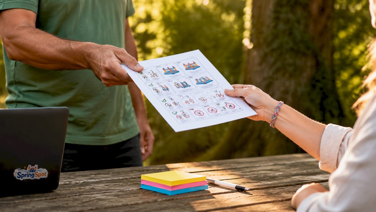 Twee mensen geven elkaar een veiligheidsinstructie voor het gebruik van het springkussen.