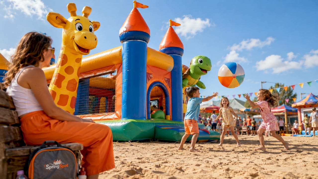 Een springkussen vol vrolijke 3D-figuren waar kinderen zich heerlijk op uitleven.
