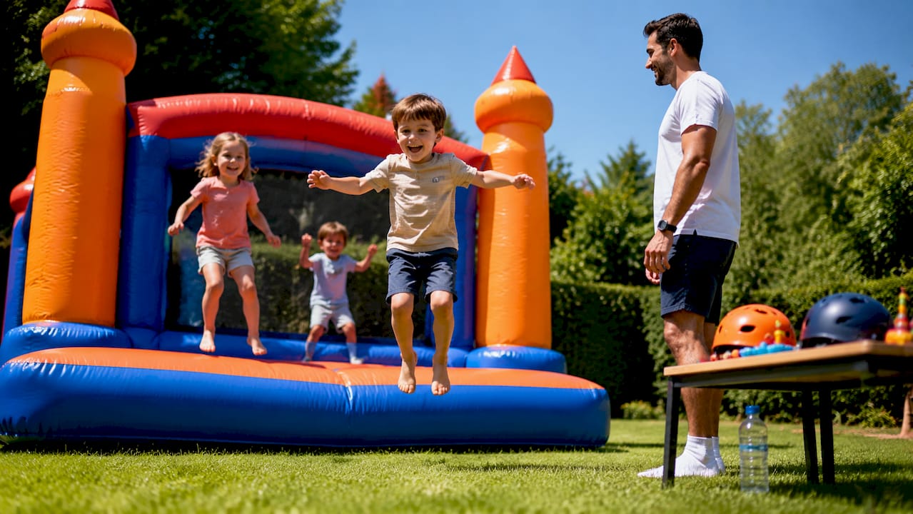 Kinderen genieten onder toezicht van het spelen op een peuterspringkussen.