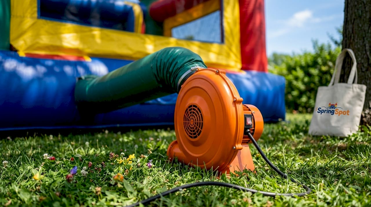 Detailfoto van een werkende blower naast een opgeblazen springkussen.