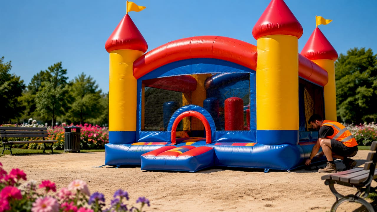Het springkussen is buiten geplaatst, compleet met valmatten voor extra veiligheid.