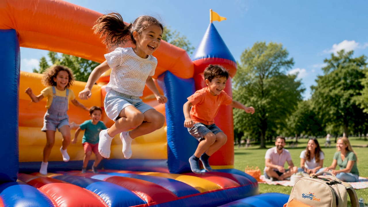 Kinderen springen vrolijk in het springkussen terwijl er een begeleider in de buurt een oogje in het zeil houdt.