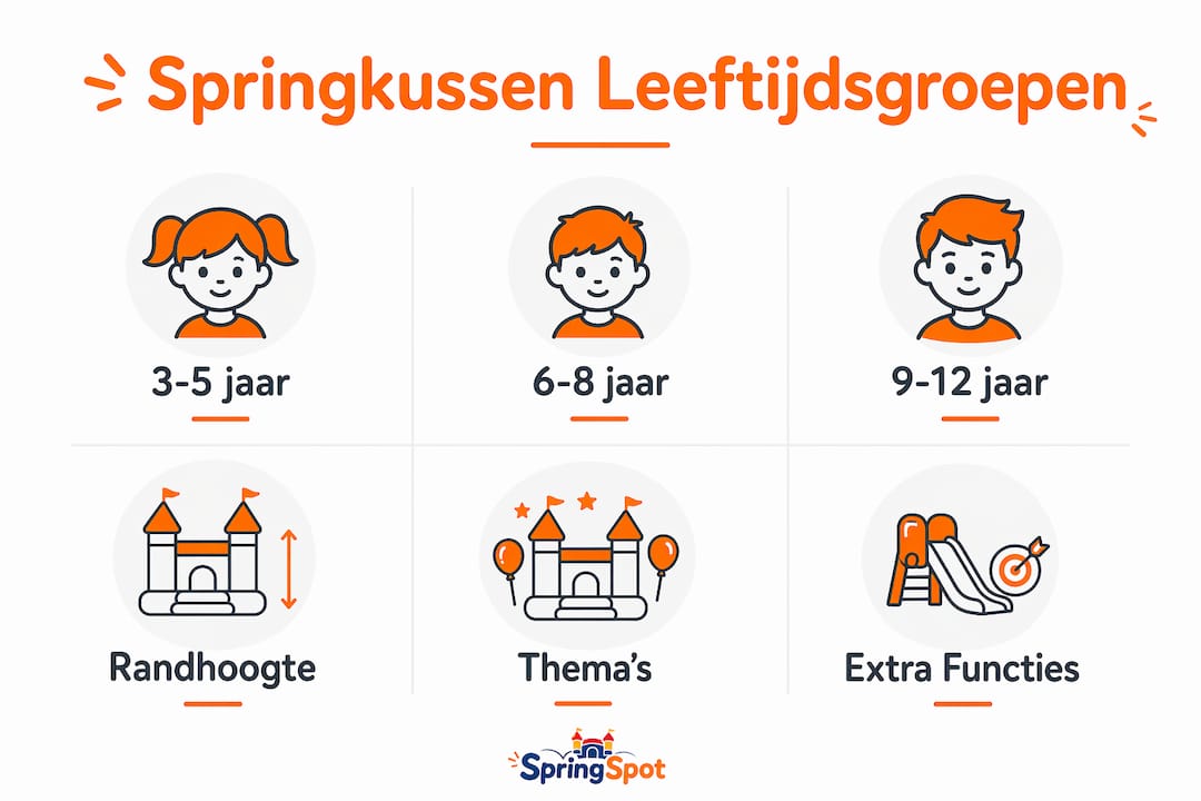 Overzichtelijke infographic met leeftijdscategorieën en eigenschappen van springkussens