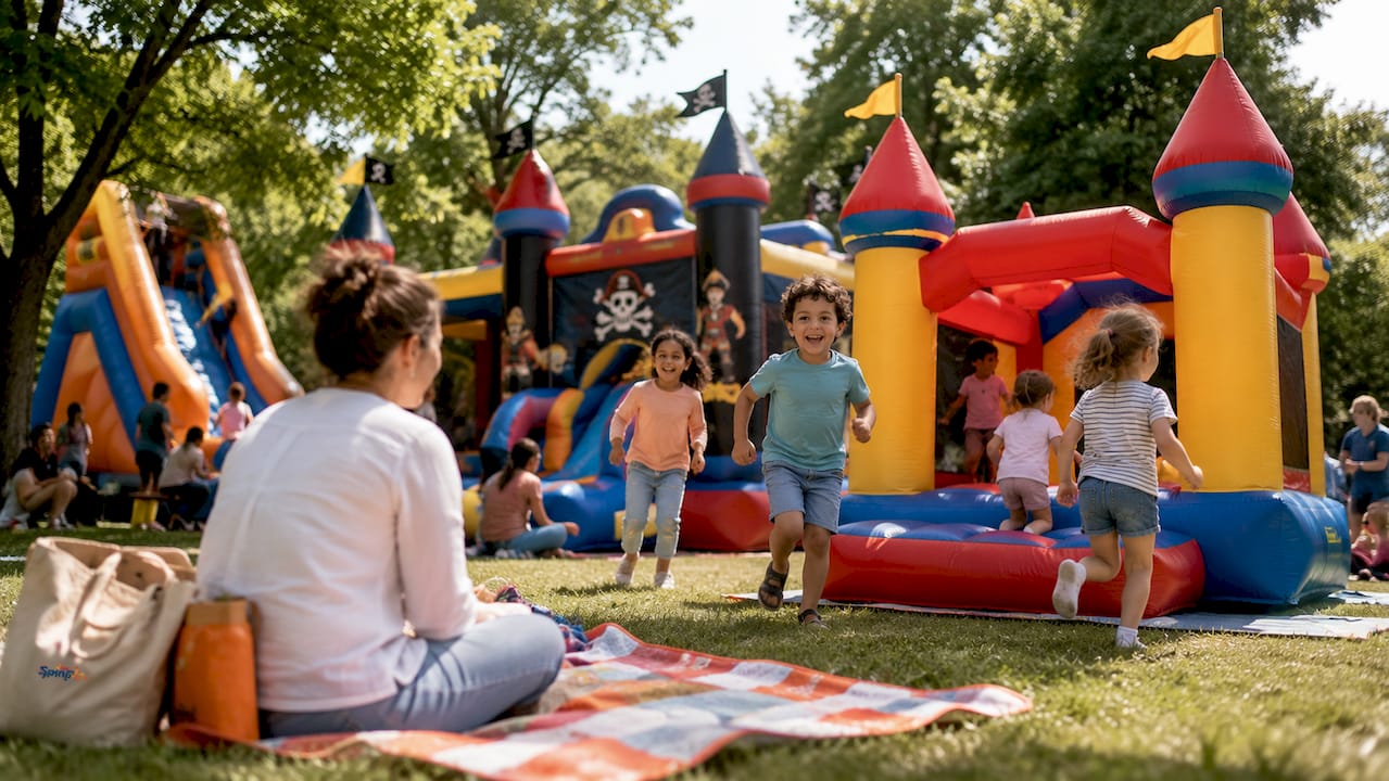 Kinderen van verschillende leeftijden vermaken zich op diverse springkussens.