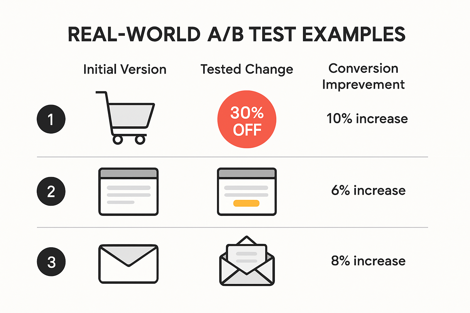 Infographic showing before-and-after AB test examples and their results