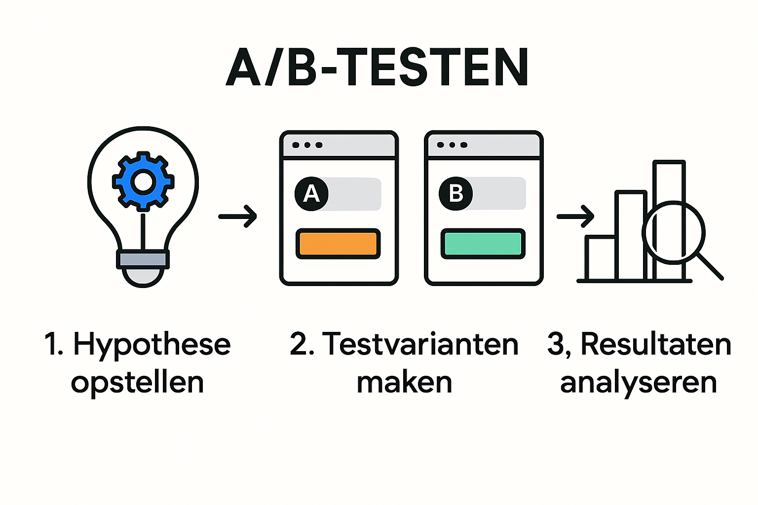 Infographic met het stappenplan voor A/B-testen: van voorbereiding tot analyse