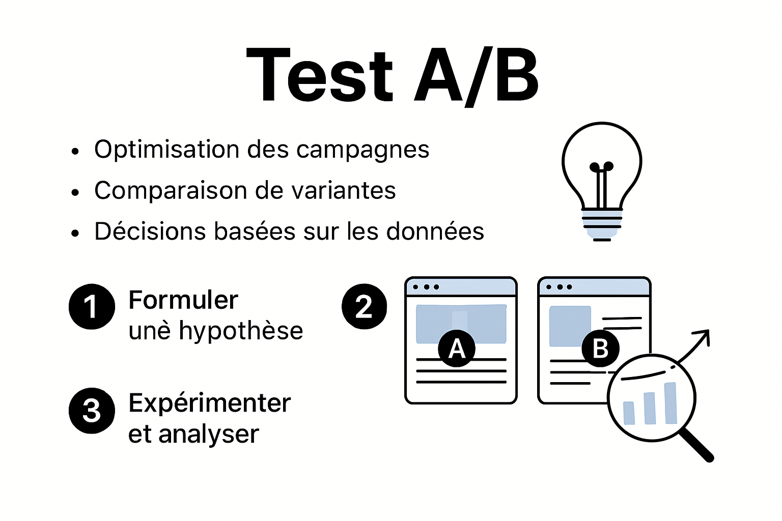 Infographie illustrant les étapes clés d’une démarche de test A/B