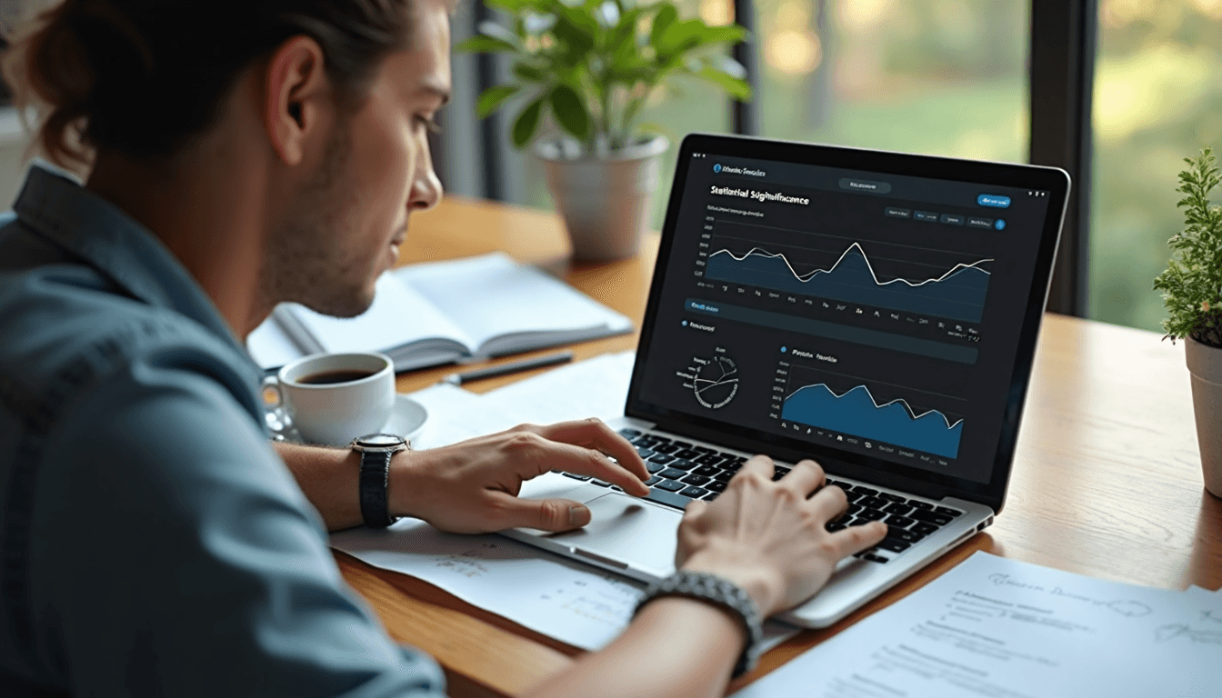 Marketer reviews statistical significance on laptop dashboard