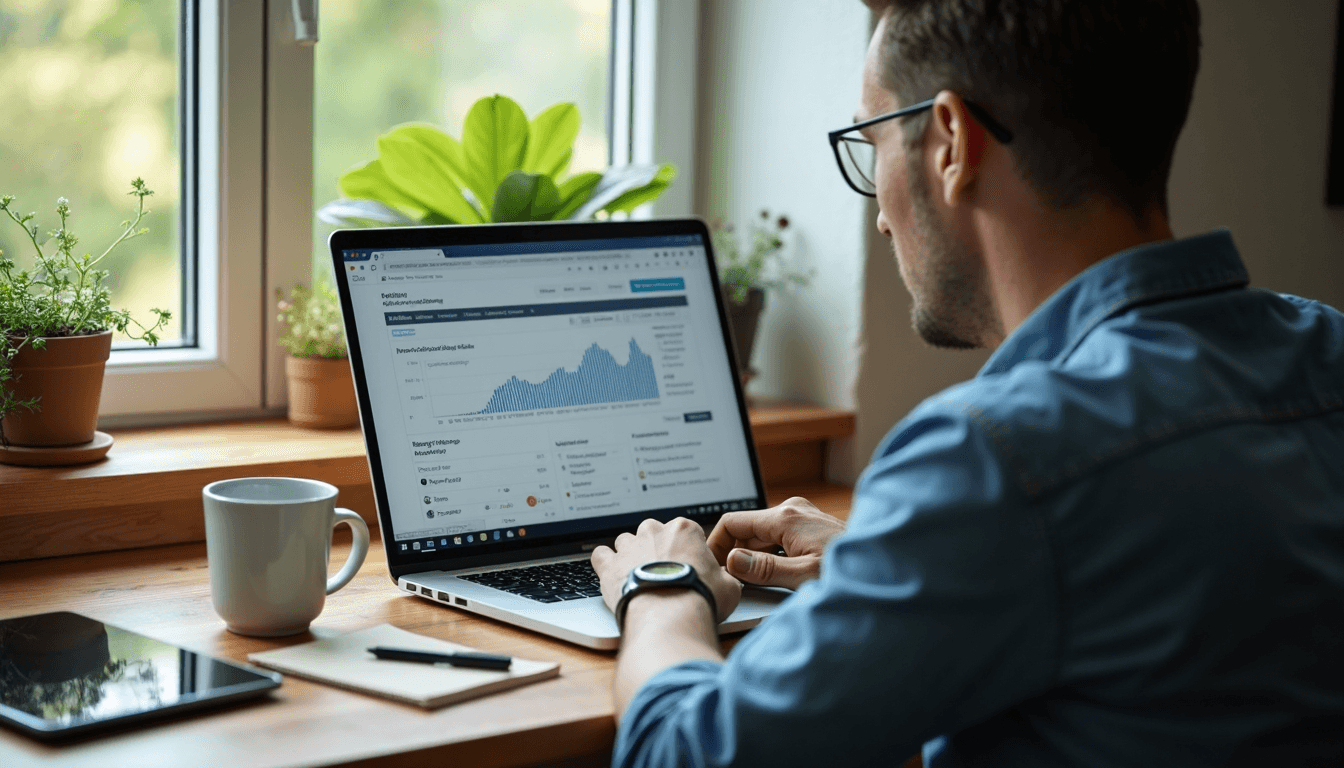 Marketer reviewing landing page A/B test dashboard at home workspace