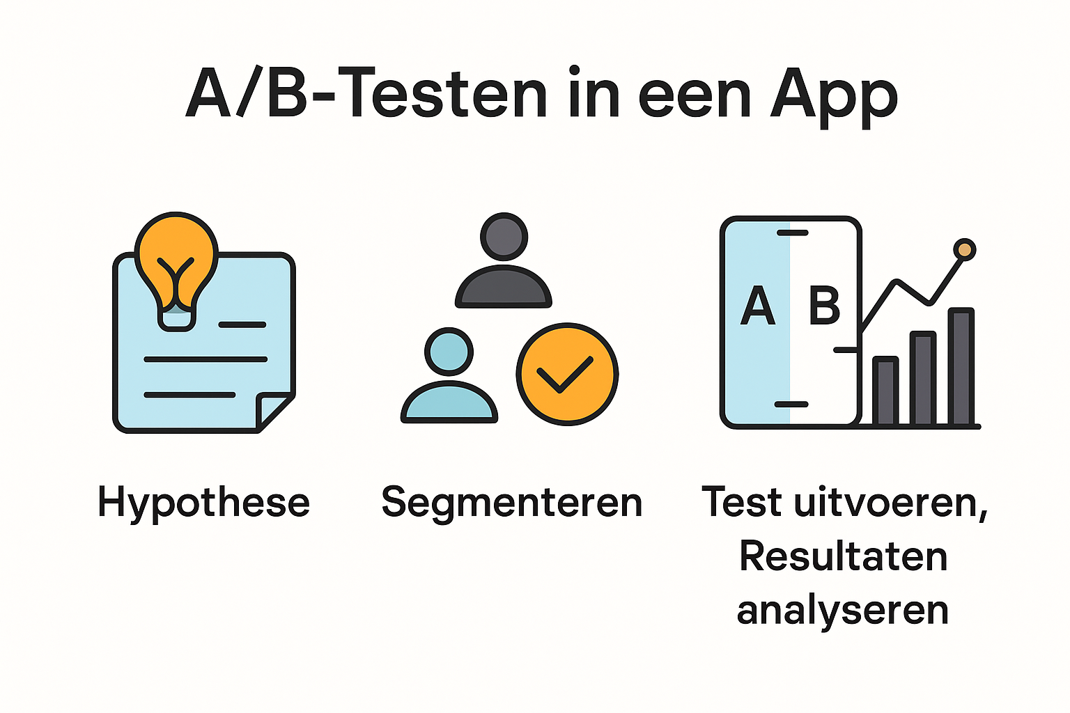 Overzichtelijke infographic die het stappenplan en de belangrijkste functies van een AB-testapp in beeld brengt.