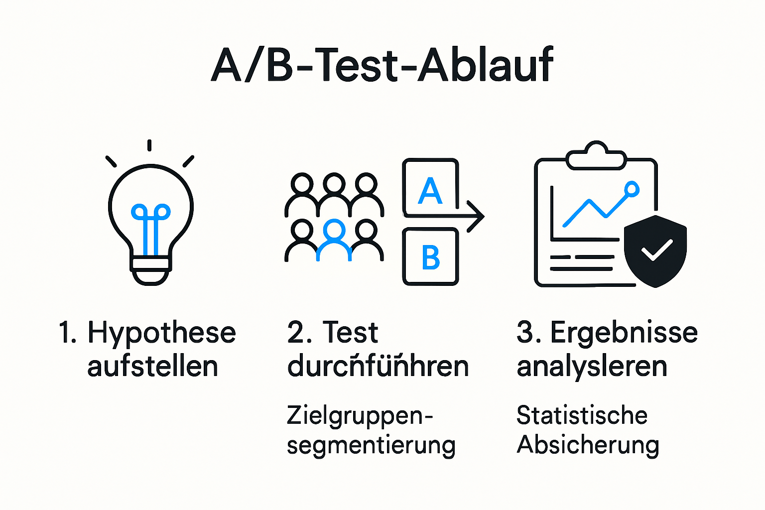 Grafik mit einer übersichtlichen Darstellung des AB-Test-Prozesses und der wichtigsten Funktionen der App