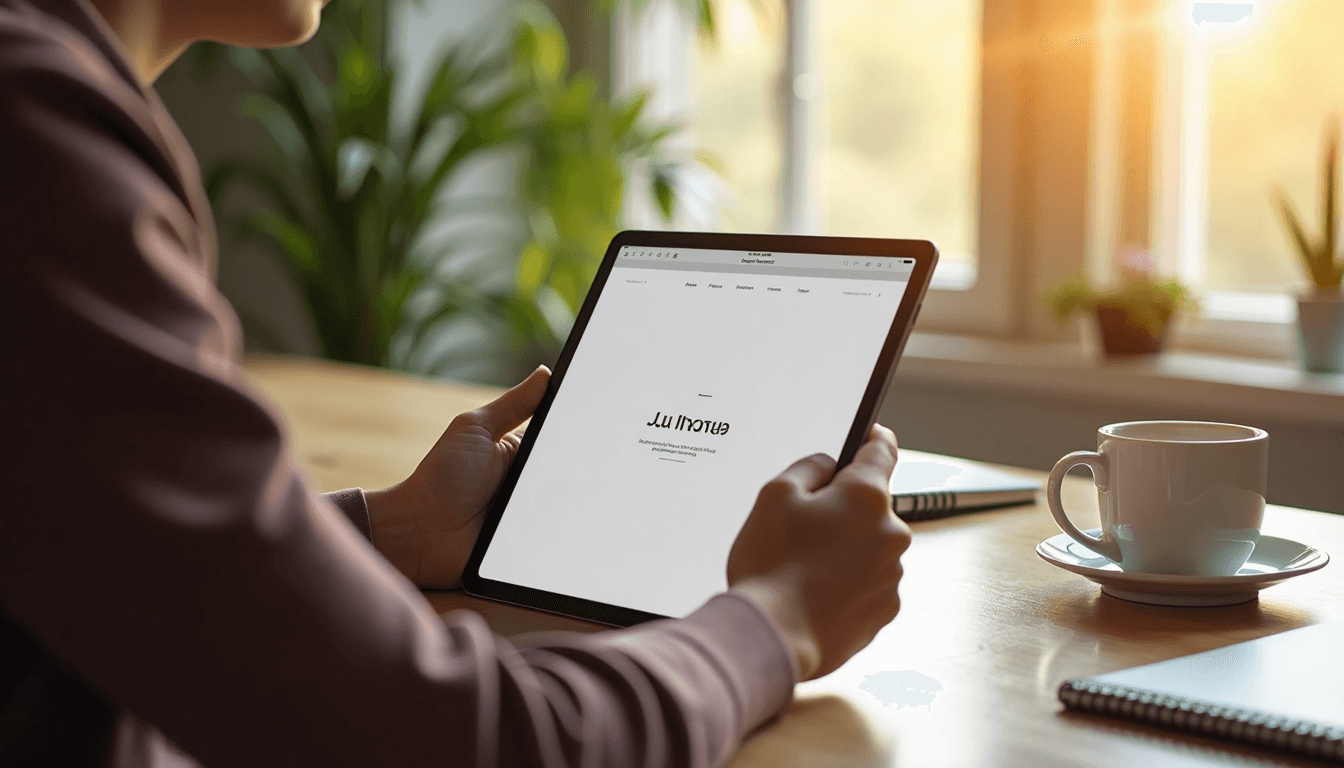 User viewing minimalist landing page on tablet at bright desk
