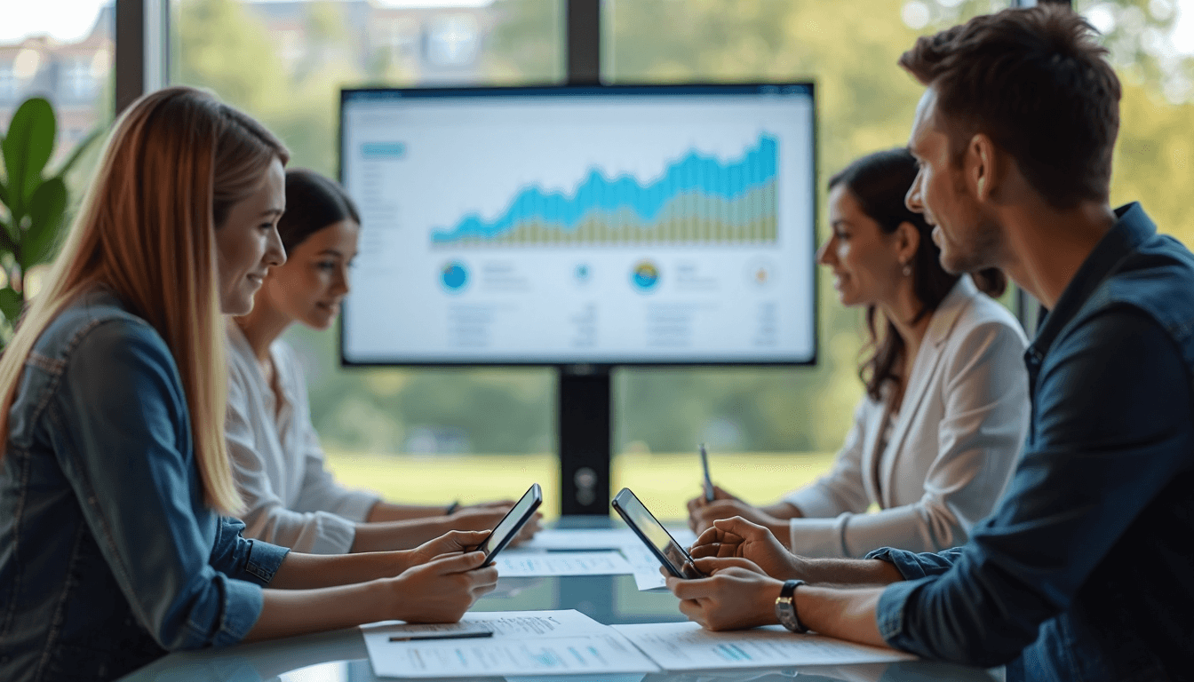Team reviews website performance metrics in conference room