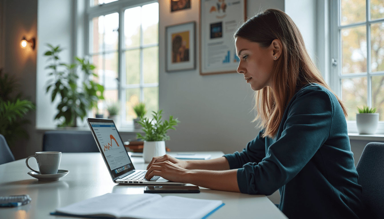 Marketer analyzing landing page performance on laptop in sunlit office